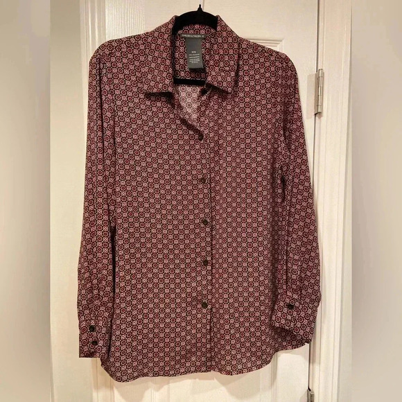 Chelsea & Theodore Red Gray Floral Long Sleeve Button Down Tunic Blouse Size M - Picture 1 of 12
